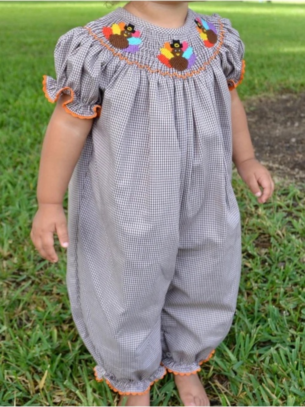 Smocked Gingham Kids Romper in Brown with Colorful Turkey Embroidery